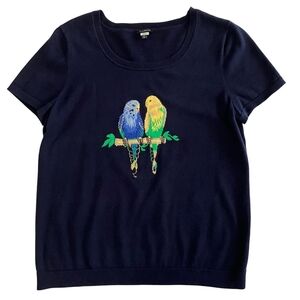 Talbots Navy Tee with Blue and Yellow Budgie Embroidery